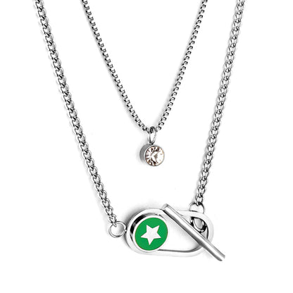 Enamel Girls Kids Jewelry Stainless Steel Oval Hollow Round Green Drip Oil With Star + Chain With Diamond Double Chain Necklace