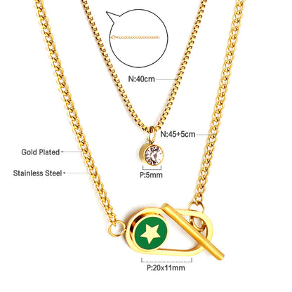 Enamel Girls Kids Jewelry Stainless Steel Oval Hollow Round Green Drip Oil With Star + Chain With Diamond Double Chain Necklace