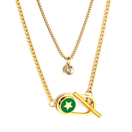 Enamel Girls Kids Jewelry Stainless Steel Oval Hollow Round Green Drip Oil With Star + Chain With Diamond Double Chain Necklace