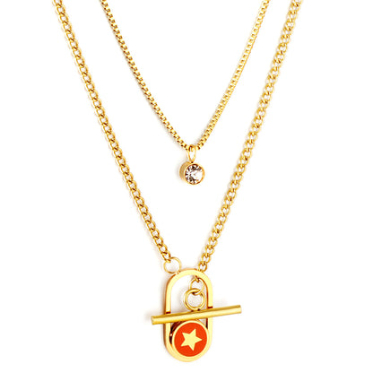 Enamel Girls Kids Jewelry Stainless Steel Oval Hollow Round Orange Drip Oil With Star + Chain With Diamond Double Chain Necklace