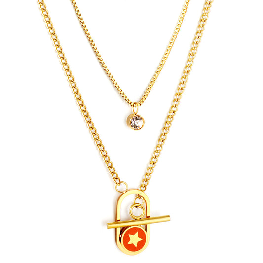 Enamel Girls Kids Jewelry Stainless Steel Oval Hollow Round Orange Drip Oil With Star + Chain With Diamond Double Chain Necklace