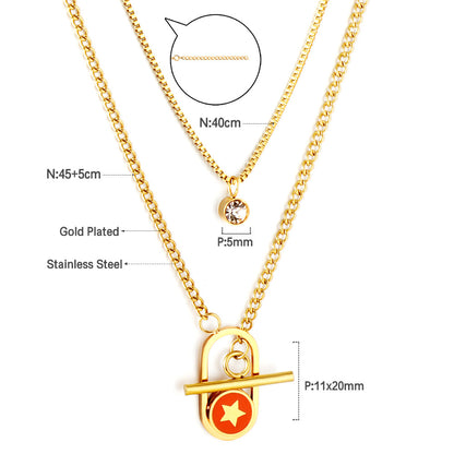 Enamel Girls Kids Jewelry Stainless Steel Oval Hollow Round Orange Drip Oil With Star + Chain With Diamond Double Chain Necklace