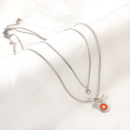 Enamel Girls Kids Jewelry Stainless Steel Oval Hollow Round Orange Drip Oil With Star + Chain With Diamond Double Chain Necklace