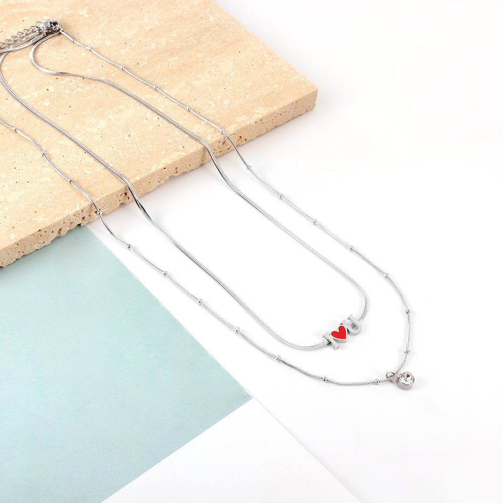 Girls Kids Stainless Steel I Heart U Red Accessories with Diamonds Double Chain Necklace