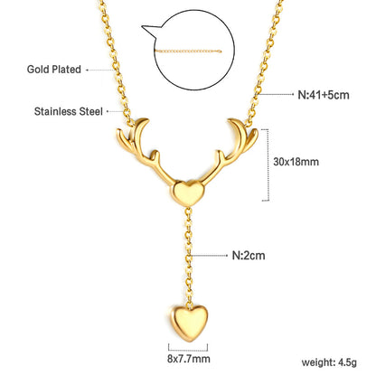 Antler Heart + Heart Pendant Necklace 41+5cm Gold Color