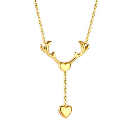 Antler Heart + Heart Pendant Necklace 41+5cm Gold Color