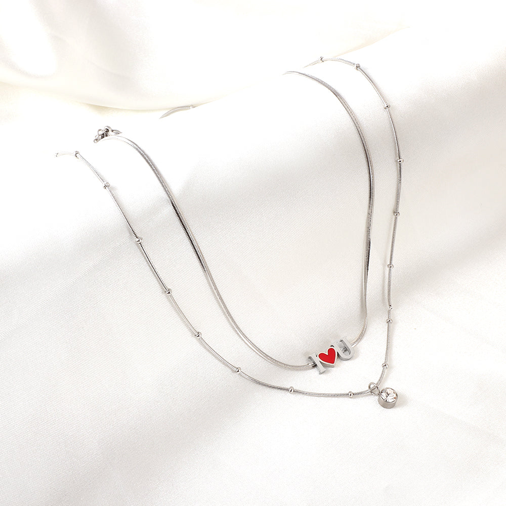 Girls Kids Stainless Steel I Heart U Red Accessories with Diamonds Double Chain Necklace