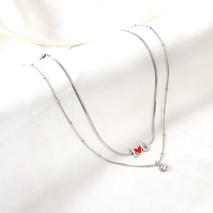 Girls Kids Stainless Steel I Heart U Red Accessories with Diamonds Double Chain Necklace