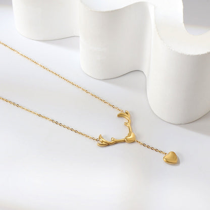 Antler Heart + Heart Pendant Necklace 41+5cm Gold Color