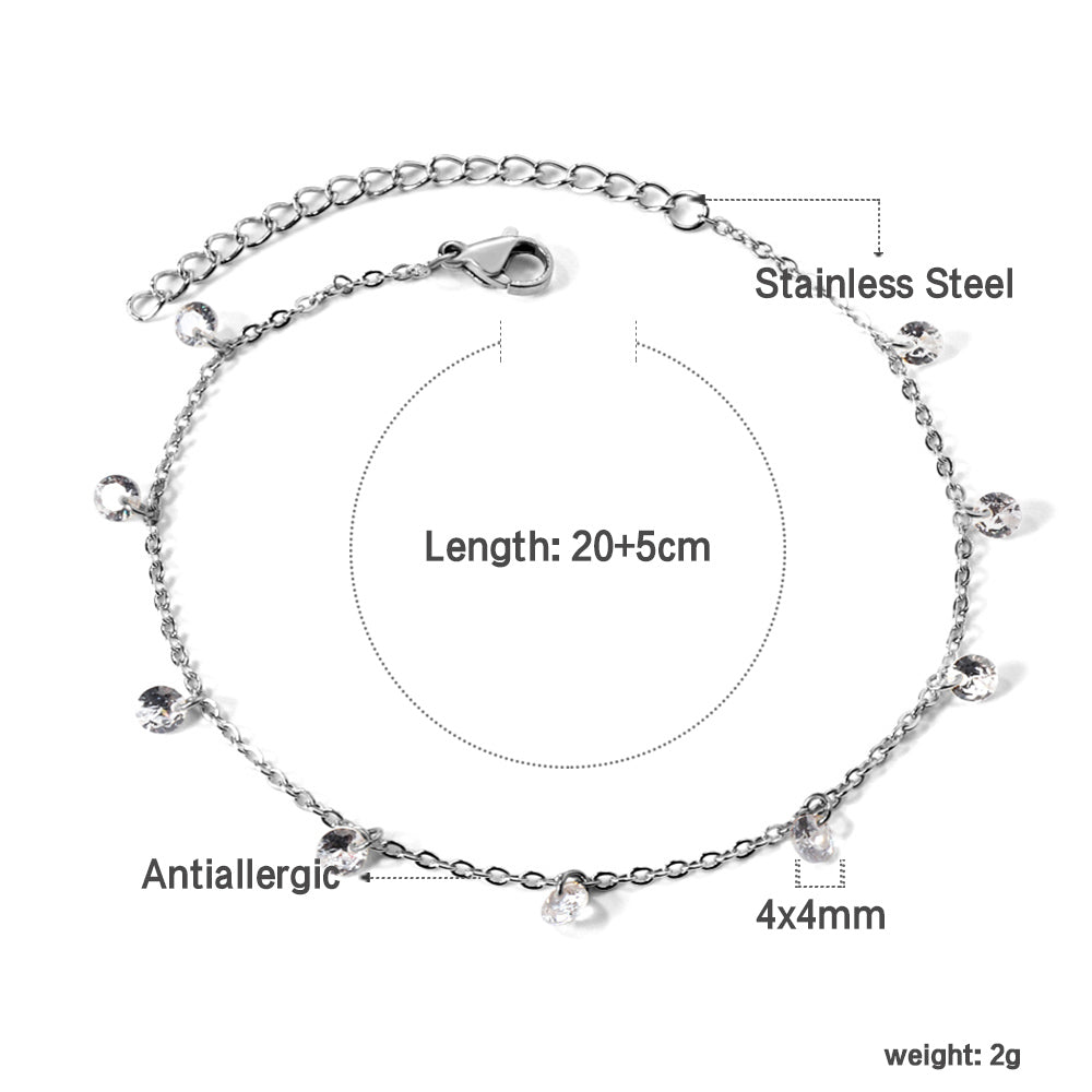 9 white & purple & pink & mixed diamonds anklet 20+5cm steel color gold color