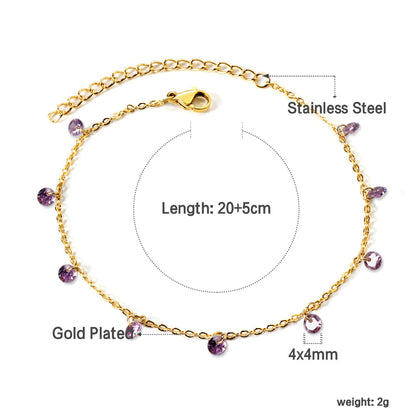 9 white & purple & pink & mixed diamonds anklet 20+5cm steel color gold color