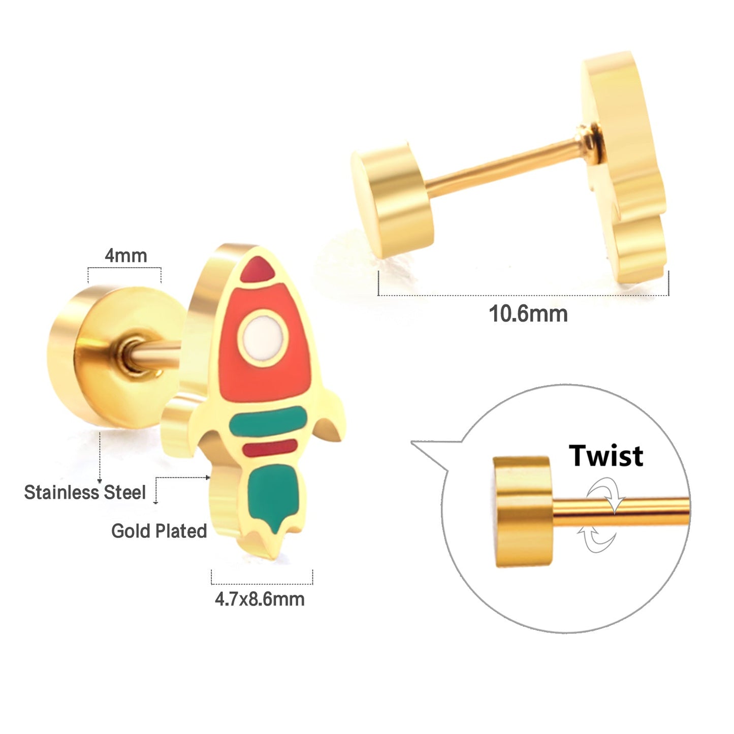 New Fashion Stainless Steel Screw Plug Mixed Color Rocket Stud Earrings