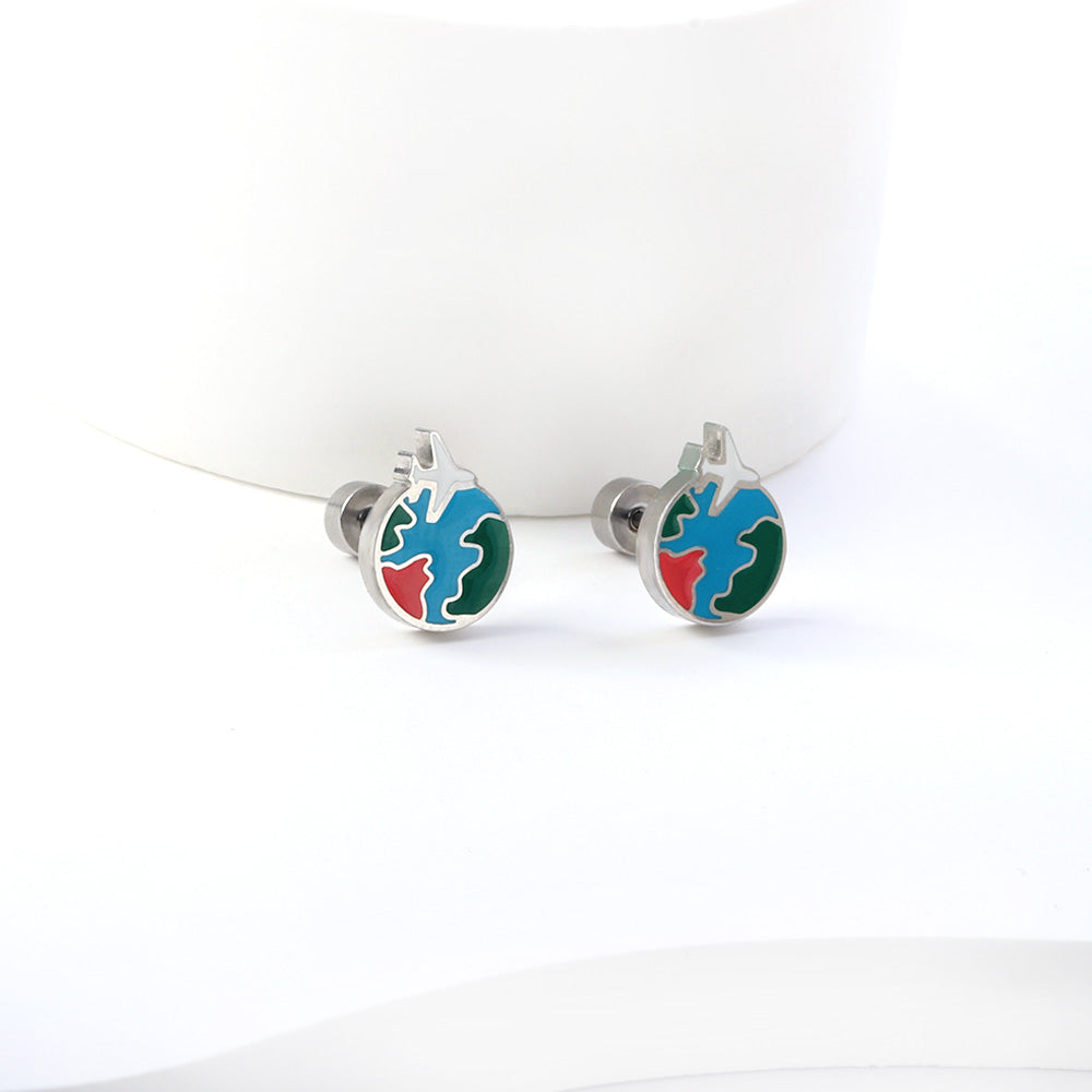 New Fashion Stainless Steel Screw Plug Mixed-color Aircraft + Earth Stud Earrings
