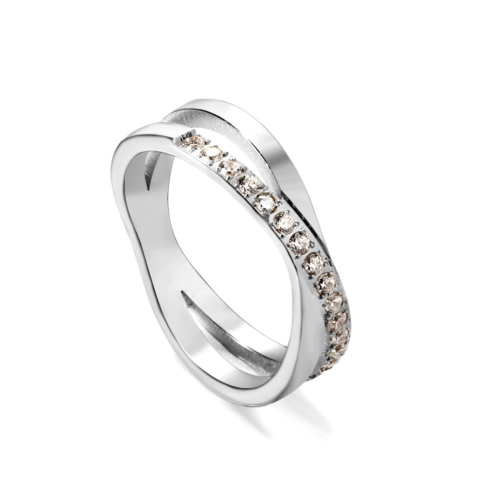 Steel/gold cross over ring with small round diamonds