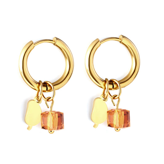 Stainless Steel Circle With Champagne Diamond+Mango Earrings