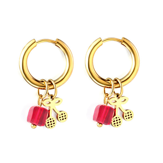 Stainless Steel Circle With Red Square Diamond+Cherry Earrings