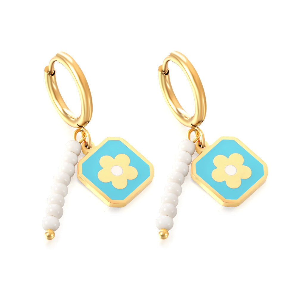 Stainless Steel Circle With 8 White Beads+Square With Blue Peach Blossom Earrings