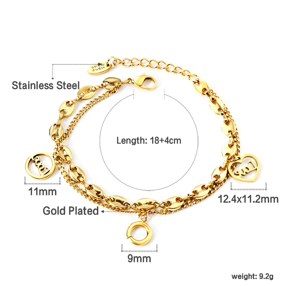 2 round hollow LOVE + circle accessories + double chain bracelet 18+4cm gold