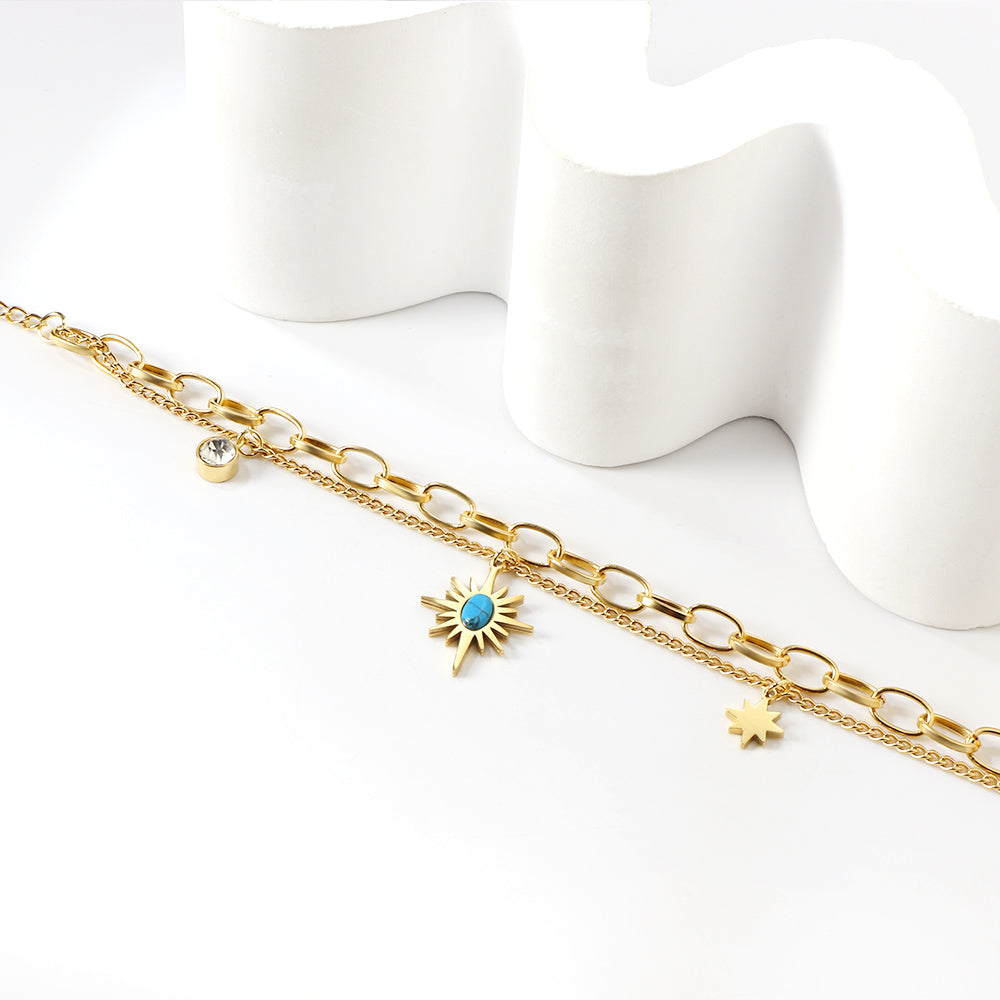 Lucky Star Belt Blue Turquoise Stone + Lucky Star + Cylindrical White Diamond Accessories Double Bracelet 18+4cm Gold