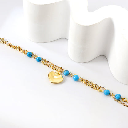 Blue Turquoise Beads + Heart Fittings Double Hand Chain 17+5cm Gold Color