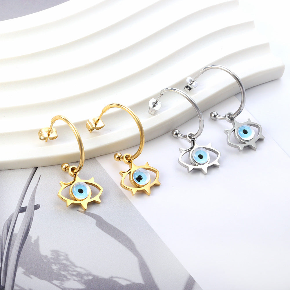 New Fashion Open Circle With Lake Blue Cat‘s-eye Earrings