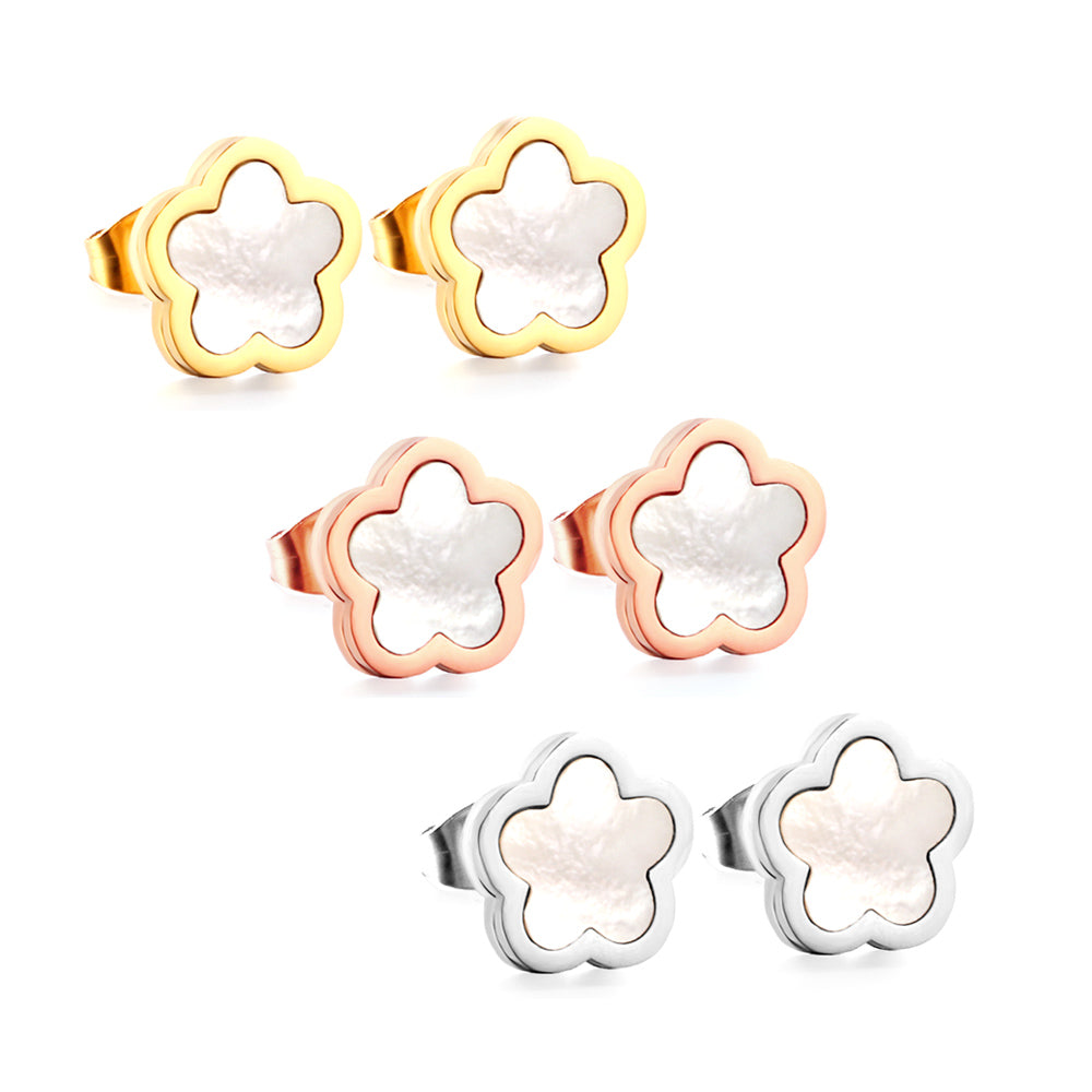 Wholesale New Stainless Steel Peach Blossoms With White Shell Cutting Stud Earrings