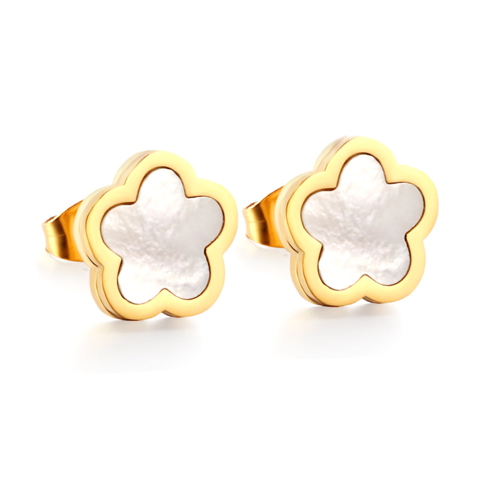Wholesale New Stainless Steel Peach Blossoms With White Shell Cutting Stud Earrings