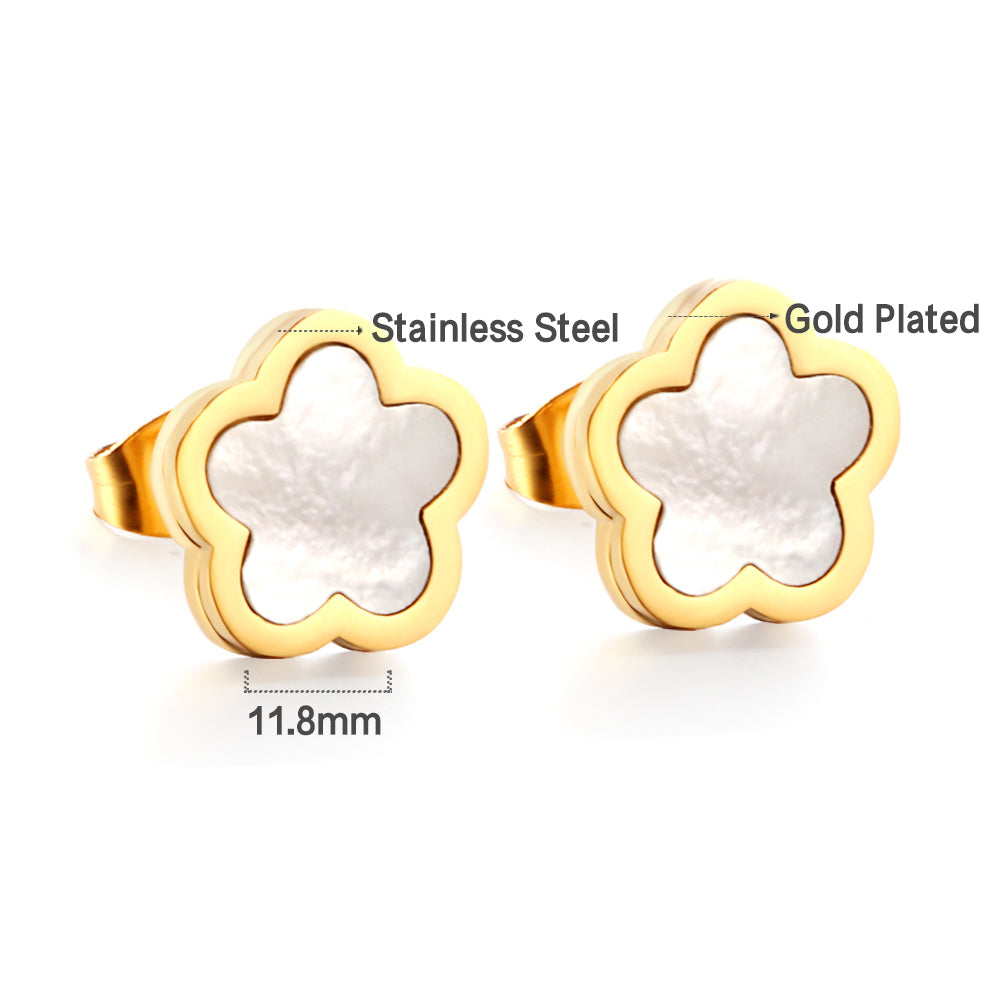 Wholesale New Stainless Steel Peach Blossoms With White Shell Cutting Stud Earrings