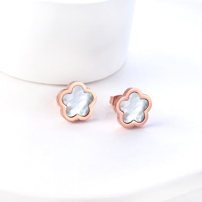 Wholesale New Stainless Steel Peach Blossoms With White Shell Cutting Stud Earrings