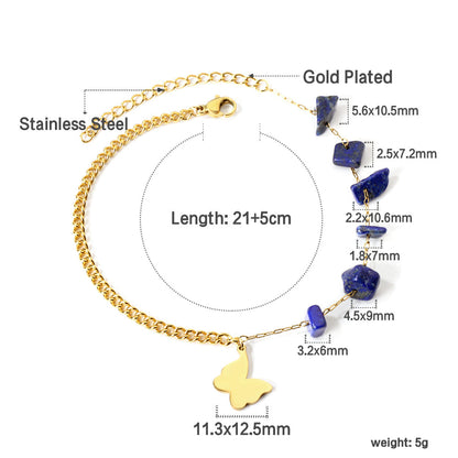 6 blue shaped zirconias + half matching chain with butterfly anklet 21+5cm gold color