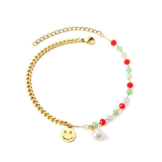 15 mixed color zirconia + semi-matching chain with round smiley face + white pearl anklet 21+5cm gold