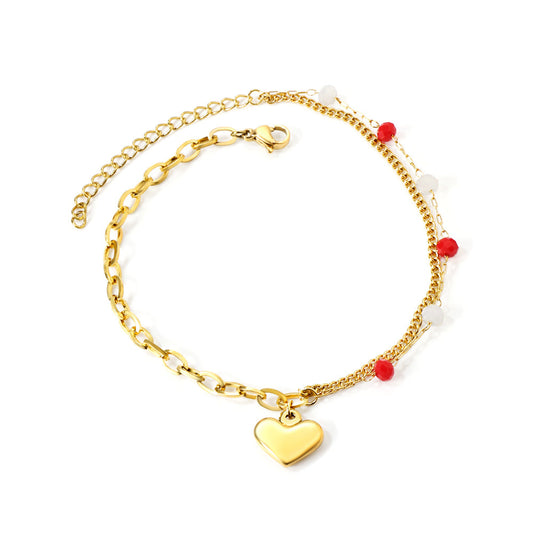 6 mixed color zirconias + semi-matching chain with heart anklet 21+5cm gold color