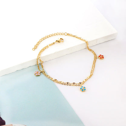 3 Mixed Peach Blossom with chain + chain with double anklet 21+5cm gold color steel color