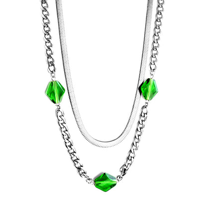 3 Rhombus Green Diamonds Accessory Double Chain Necklace