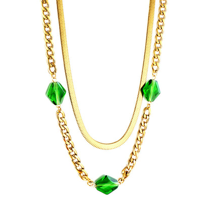 3 Rhombus Green Diamonds Accessory Double Chain Necklace
