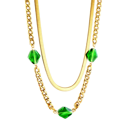 3 Rhombus Green Diamonds Accessory Double Chain Necklace