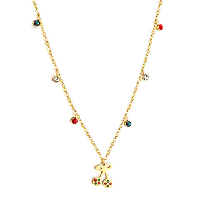 New Fashion 6 Mixed Color Round Diamonds+Cherry Mixed Color Drip Oil Accessory Necklace