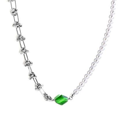 Stainless Steel Rhombus Green Diamond+Half White Pearls Necklace