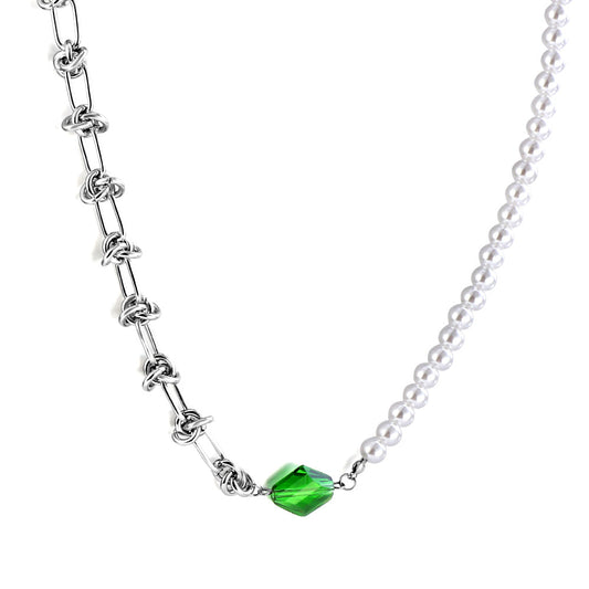 Stainless Steel Rhombus Green Diamond+Half White Pearls Necklace