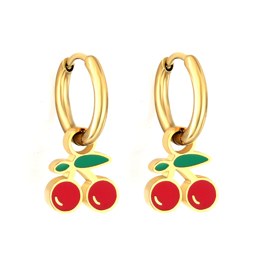 New 1.6x11mm Circle With Red Cherry Earrings