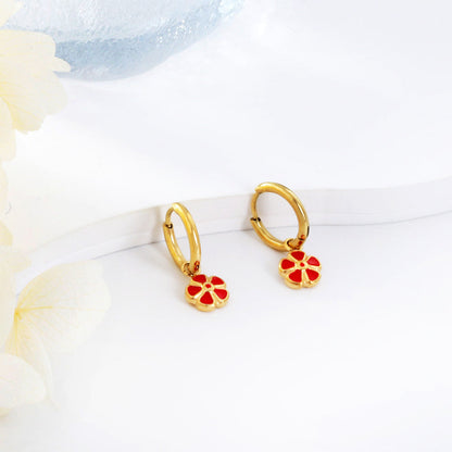 New 1.6x11mm Circle With Red Peach Blossom Earrings