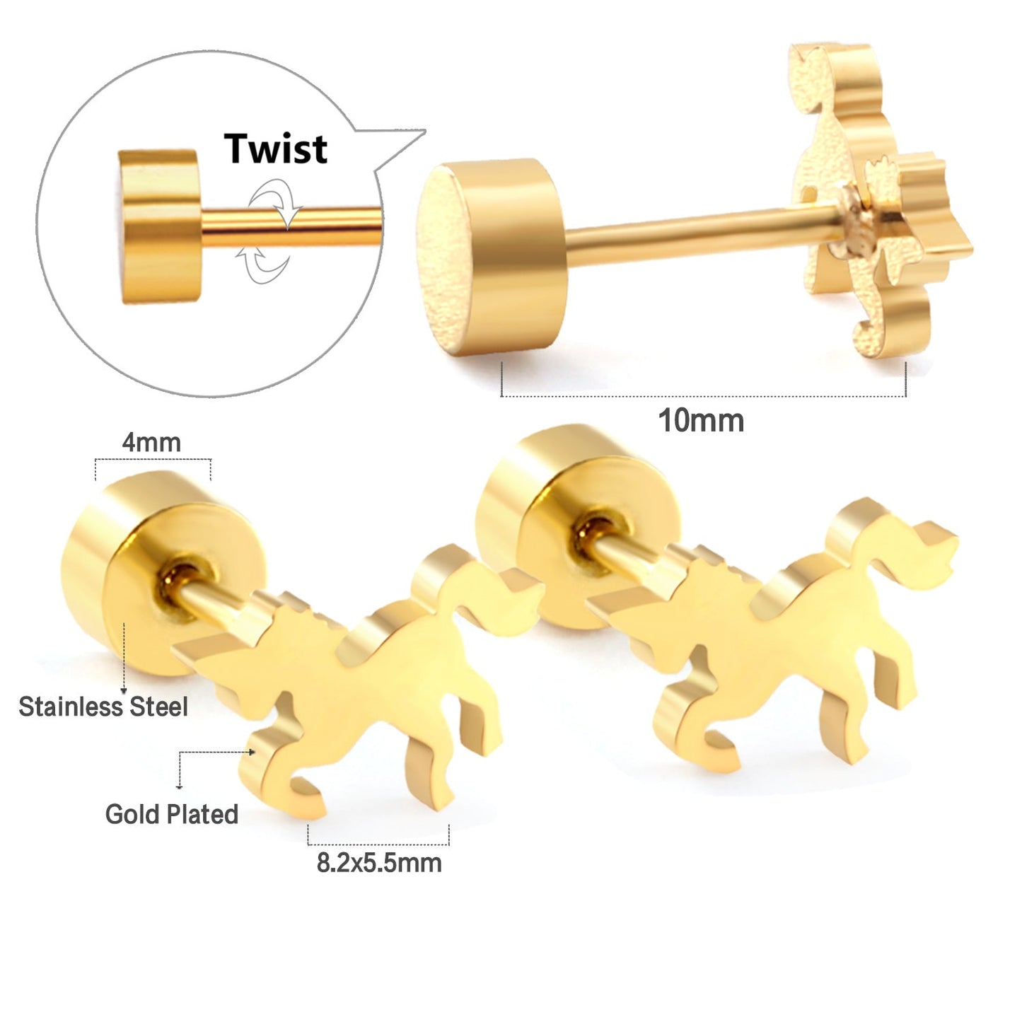 2023 New Fashion Children's Screw Plug Horse-shaped Stud Earrings