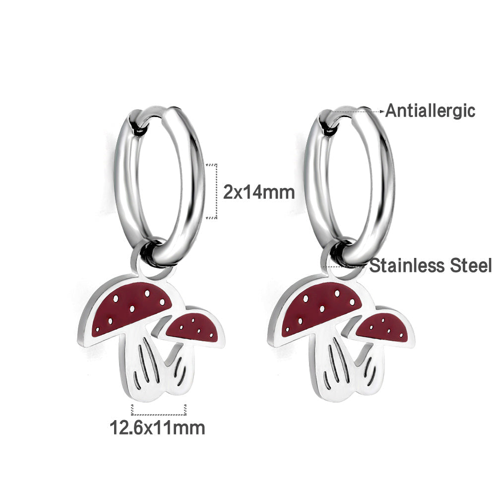New 1.6x11mm Circle With Red Mushroom Earrings