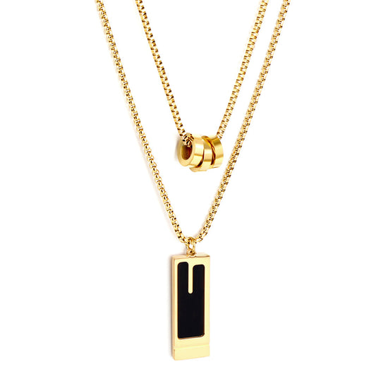 Three Round Hollow Pendants + Rectangular With Black Drop Oil Double Chain Necklace