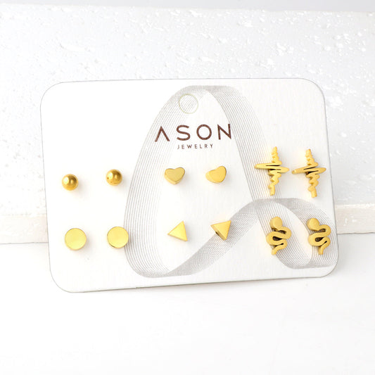 Six pairs of mixed card mounted cut-out current / triangle glossy stud earrings gold color