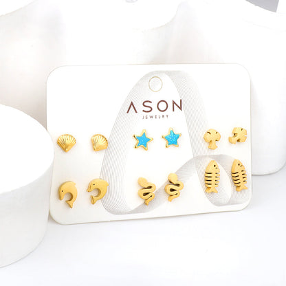 Six pairs Mixed Cut Shell / Fishbone / Starfish stud earrings gold color