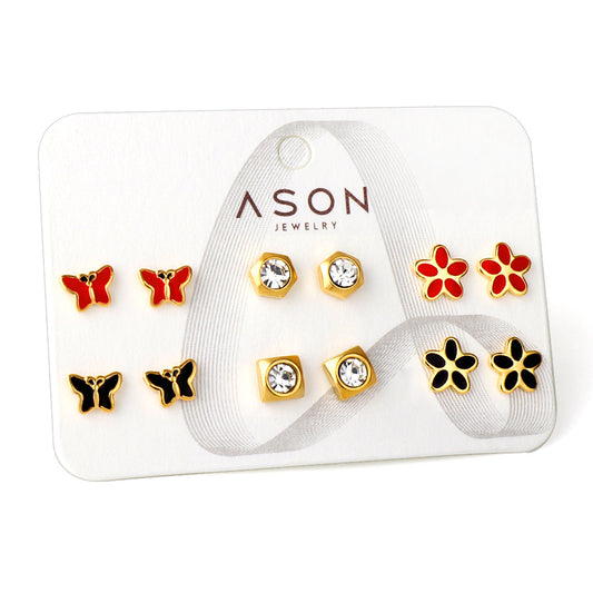 Six pairs mixed mounted snap cut butterfly / flower / diamond square stud earrings gold color