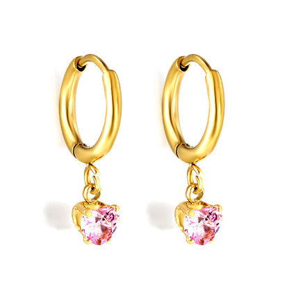 1.5x8mm I.D. earrings + 4*4.2mm white/purple/red/pink/green zirconium heart shaped earrings gold color