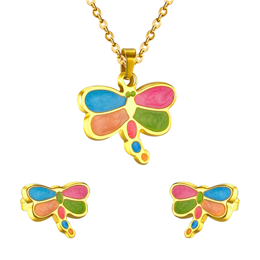 Jewelry set in gold/steel with cut dragonfly wings in several colors.