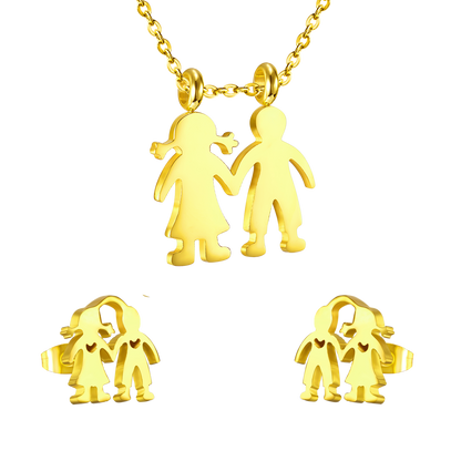 Gold cut boy and girl holding hands jewelry set without diamonds